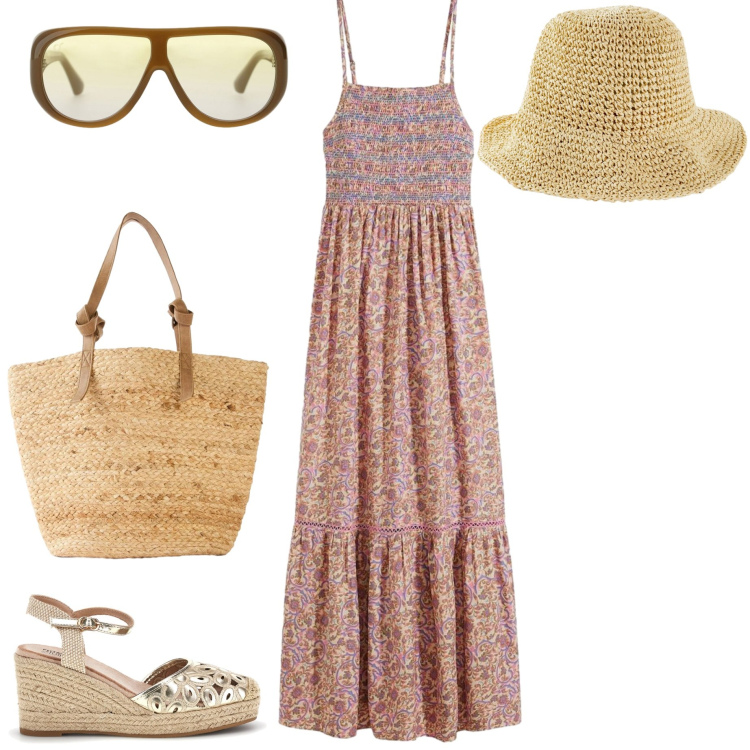 Outfit donna - Metropolitan escape. Stile Casual chic per Tutti i giorni. Abbinamento con cappelli, shopping bag, vestiti lunghi, occhiali da sole, zeppe.