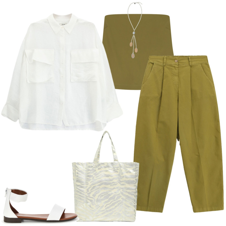 Outfit donna - Rientro in ufficio. Stile Casual chic per Ufficio. Abbinamento con pantaloni, collane, top, camicie, shopping bag, sandali.