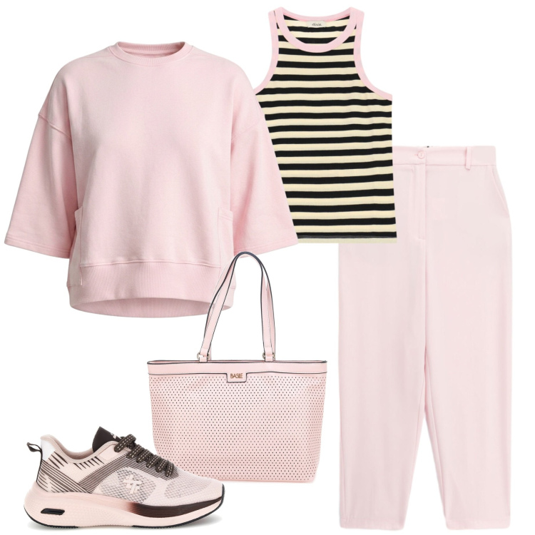 Outfit donna - Rosa confetto. Stile Casual chic per Tutti i giorni. Abbinamento con pantaloni, felpe, top, borse a spalla, sneakers.