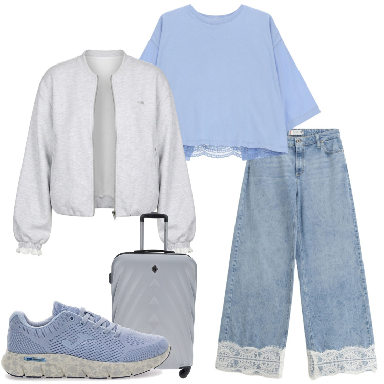 Outfit donna - Viaggio in aereo. Stile Casual per Tutti i giorni. Abbinamento con jeans, felpe, top, sneakers, valigie.