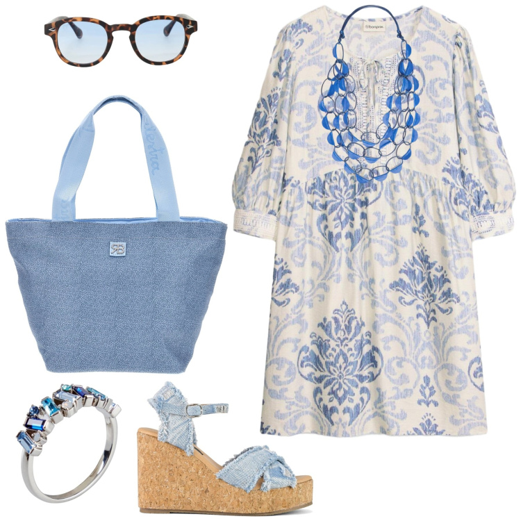 Outfit donna - Total look #2450873. Stile Romantica per Tutti i giorni. Abbinamento con vestiti corti, anelli, occhiali da sole, collane, zeppe, shopping bag.