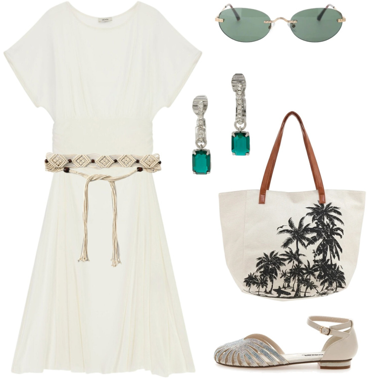 Outfit donna - Esty. Stile Glamour per Tutti i giorni. Abbinamento con cinture, occhiali da sole, vestiti lunghi, orecchini, sandali, shopping bag.