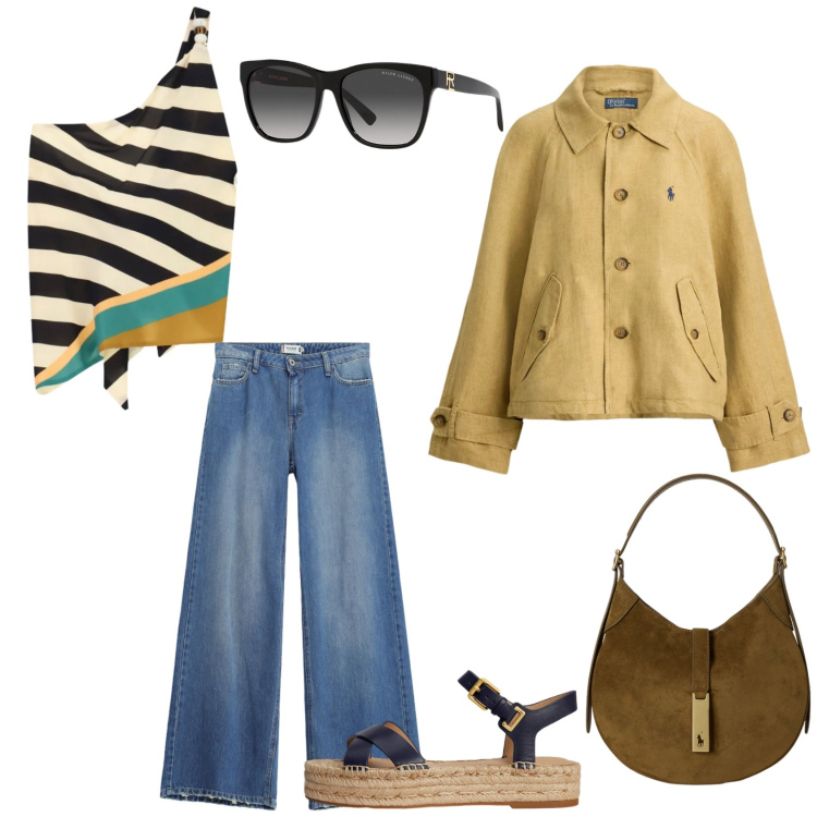 Outfit donna - Eleganza d\' estate. per Serata fuori. Abbinamento con jeans, top, occhiali da sole, borse a spalla, espadrillas, blazer.