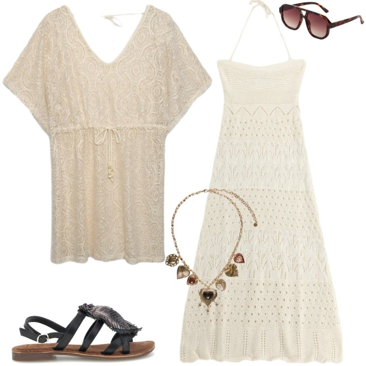 Outfit donna - Caftani e kimono. Stile Casual chic per Mare. Abbinamento con occhiali da sole, caftani, vestiti midi/longuette, collane, sandali.