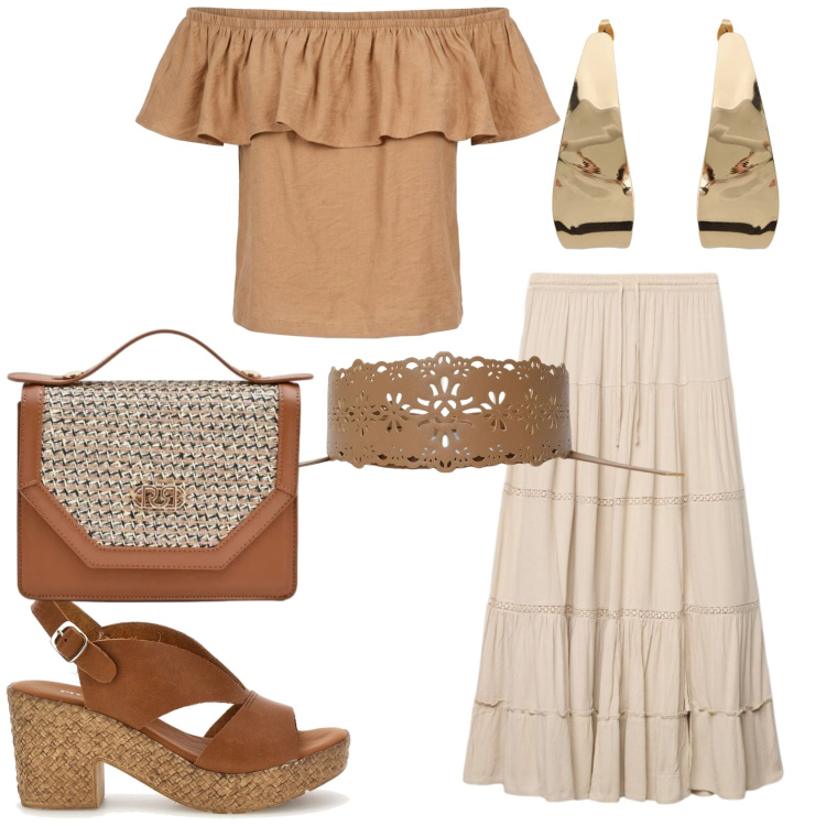 Outfit donna - Tono su tono. Stile Boho per Serata fuori. Abbinamento con cinture, gonne lunghe, orecchini, pochette, top, sandali col tacco.