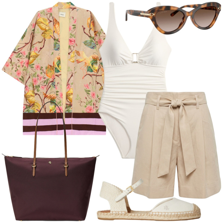 Outfit donna - Chic in spiaggia. Stile Chic per Mare. Abbinamento con bermuda, kimono, occhiali da sole, espadrillas, costumi interi, borse tote.
