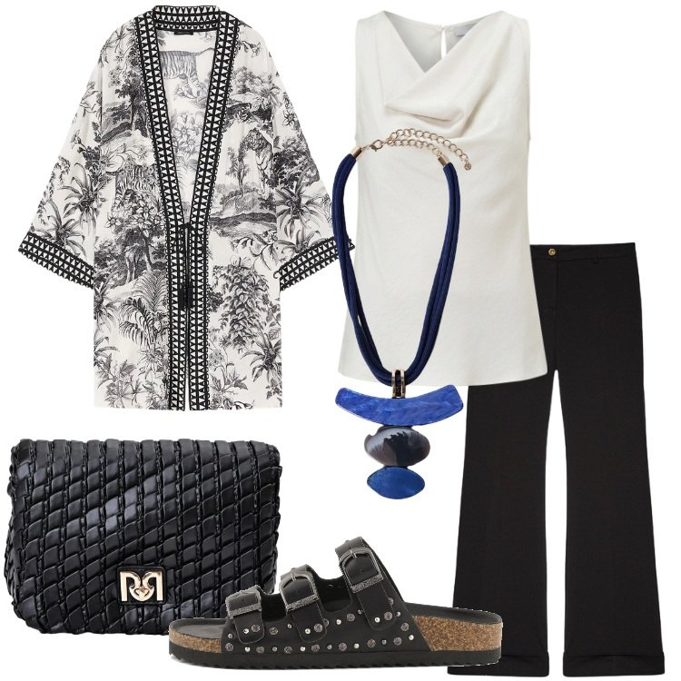 Outfit donna - Kimono leggero Donna Curvy Style. Stile Etnico per Tutti i giorni. Abbinamento con pantaloni, caftani, ciondoli, borse a tracolla, canottiere, sandali.