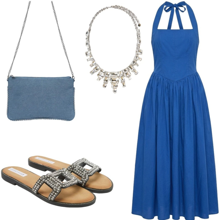 Outfit donna - Estate a pieni colori. Stile Casual chic per Serata fuori. Abbinamento con vestiti lunghi, borse a tracolla, ciabatte, collane.