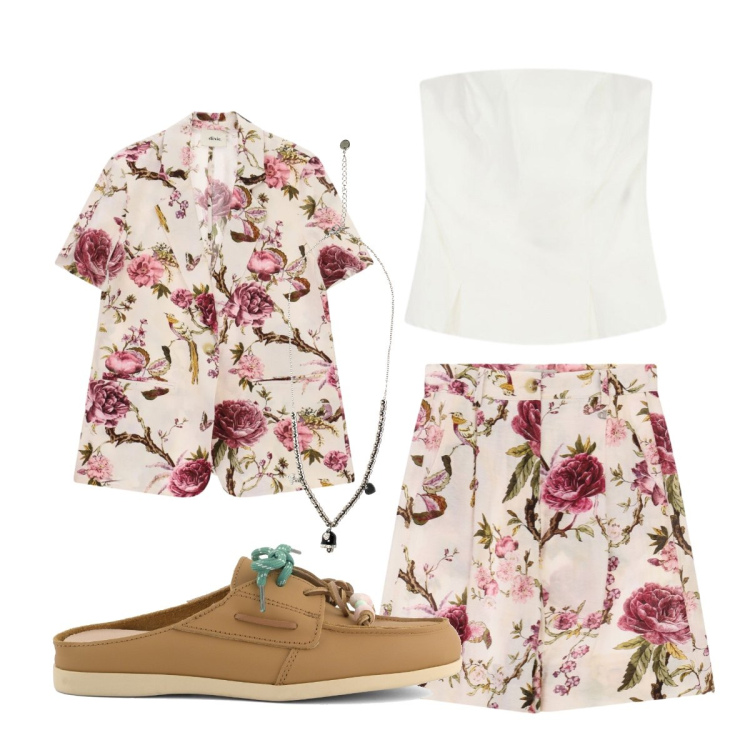 Outfit donna - Agosto. Stile Romantica per Cerimonia. Abbinamento con bermuda, top, blazer, ciondoli, sabot.