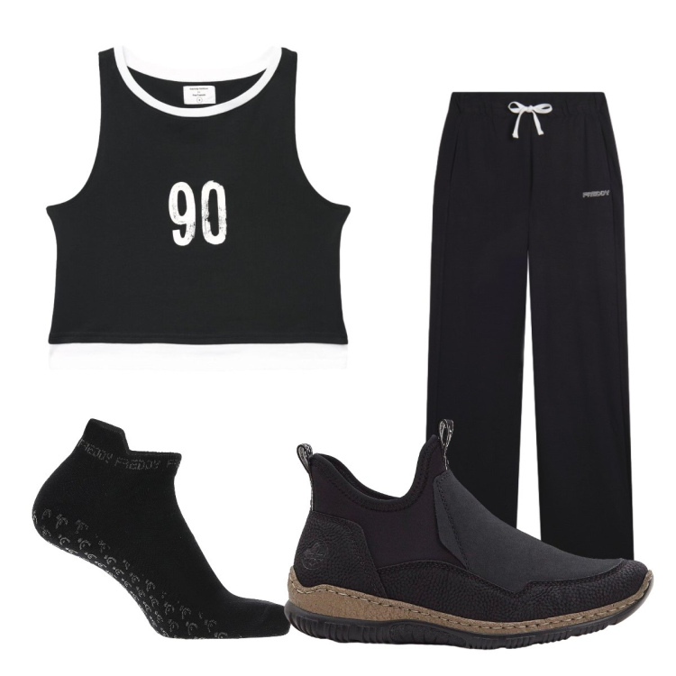Outfit donna - In palestra. Stile Minimal per Sport. Abbinamento con sneakers, canottiere, calzini, pantaloni sportivi.
