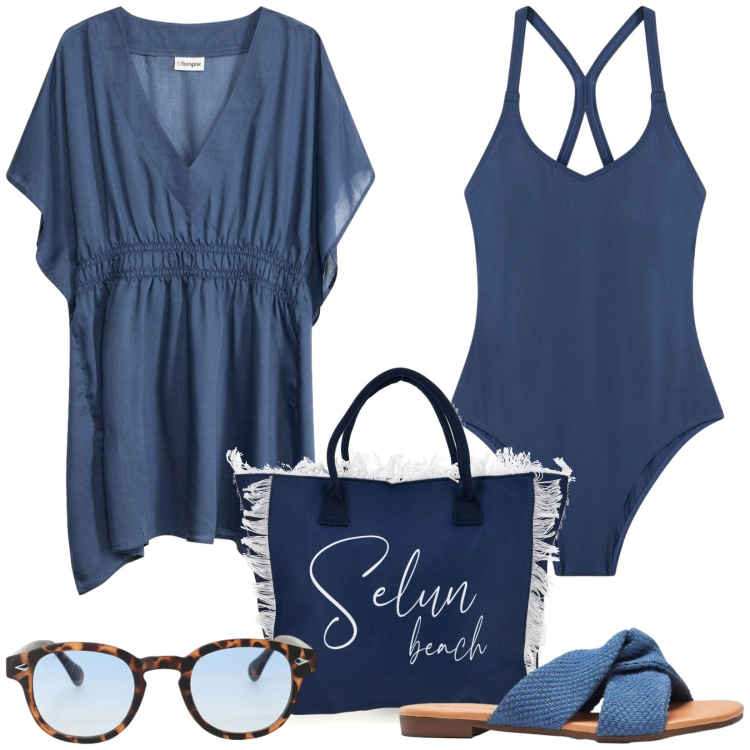 Outfit donna - Un tuffo nel blu. Stile Basic per Mare. Abbinamento con vestiti da spiaggia, costumi, ciabatte, occhiali da sole, shopping bag.
