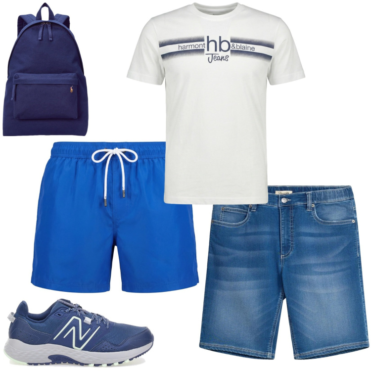 Outfit uomo - Giornata in piscina fuori porta. Stile Trendy per Mare. Abbinamento con bermuda, t-shirt, costumi, borse sportive, scarpe sportive.