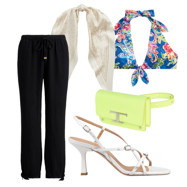 Outfit donna - Agosto. Stile Glamour per Mare. Abbinamento con marsupi, sandali in pelle, foulard, bikini, vestiti da spiaggia.