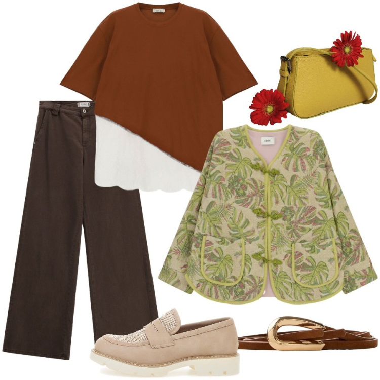 Outfit donna - City. Stile Casual chic per Tutti i giorni. Abbinamento con cinture, pantaloni a palazzo, borse a spalla, t-shirt, giacche, mocassini.