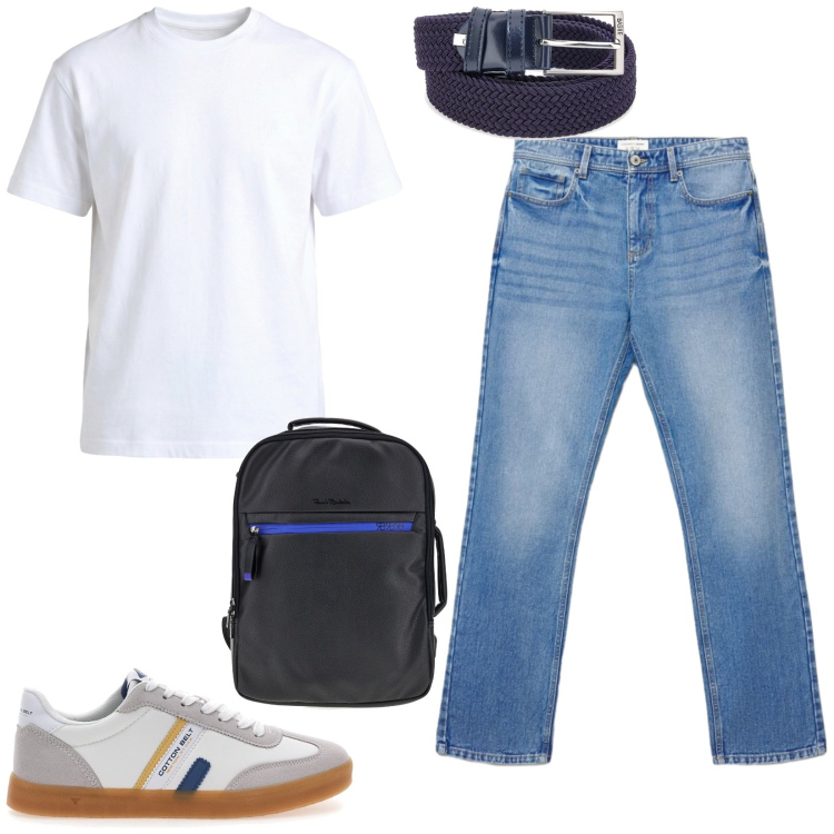 Outfit uomo - Agosto. Stile Casual per Ufficio. Abbinamento con t-shirt, jeans dritti, sneakers, cinture, borse sportive.