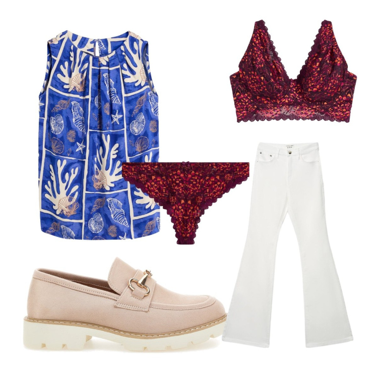 Outfit donna - Agosto. Stile Casual per Ufficio. Abbinamento con reggiseni, canottiere, perizomi, jeans a zampa, mocassini.
