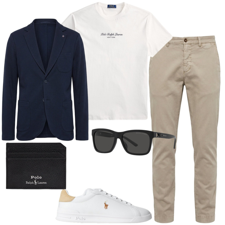 Outfit uomo - Ultimo giorni di lavoro. Stile Casual per Ufficio. Abbinamento con giacche, pantaloni chino, sneakers, portafogli, occhiali da sole, t-shirt.
