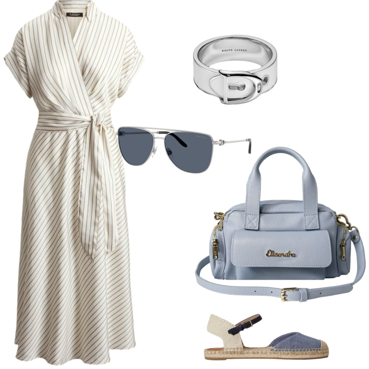 Outfit donna - Come Haudrey. Stile Casual chic per Tutti i giorni. Abbinamento con vestiti midi/longuette, occhiali da sole, anelli, espadrillas, borse a mano.