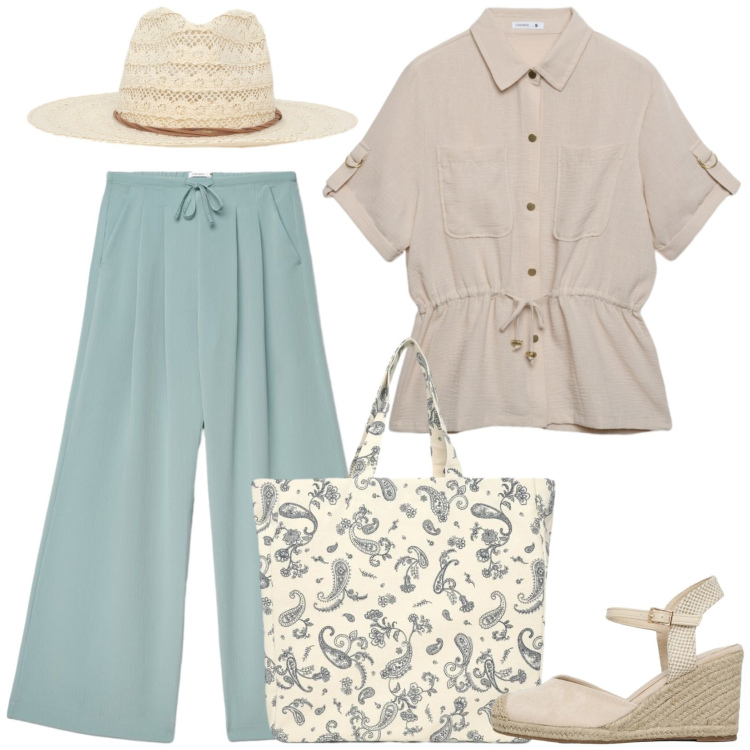 Outfit donna - Visitare la città. Stile Casual per Tutti i giorni. Abbinamento con camicie a manica corta, pantaloni, shopping bag, zeppe, cappelli.