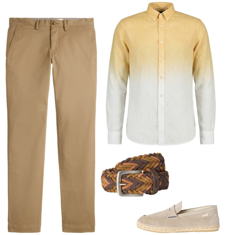Outfit uomo - Sfumature. Stile Trendy per Serata speciale. Abbinamento con espadrillas, camicie, cinture, pantaloni chino.