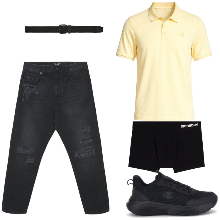 Outfit uomo - La pilo gialla. Stile Casual per Tutti i giorni. Abbinamento con jeans strappati, cinture, boxer, polo, sneakers.