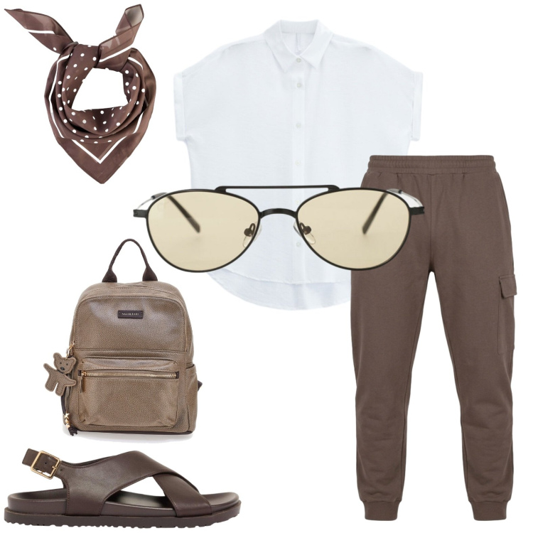 Outfit donna - In giro per musei Summer edition. Stile Casual chic per Tutti i giorni. Abbinamento con foulard, sandali in pelle, occhiali da sole, camicie a manica corta, zaini, pantaloni.