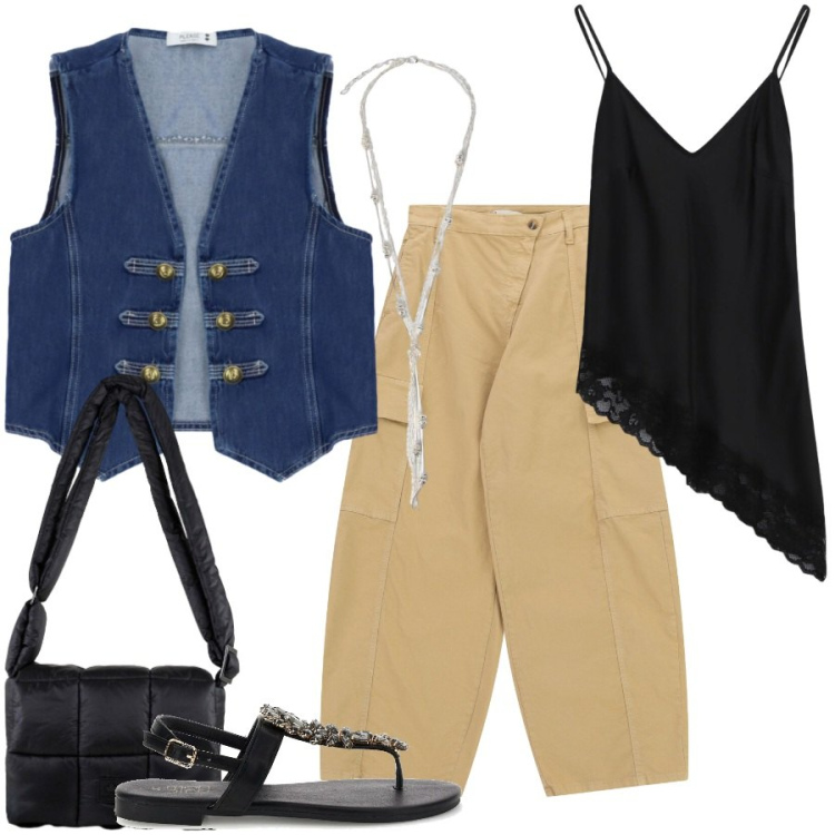 Outfit donna - Total look #2450910. Stile Casual chic per Tutti i giorni. Abbinamento con pantaloni cargo, top, gilet, collane, borse a spalla, sandali gioiello.