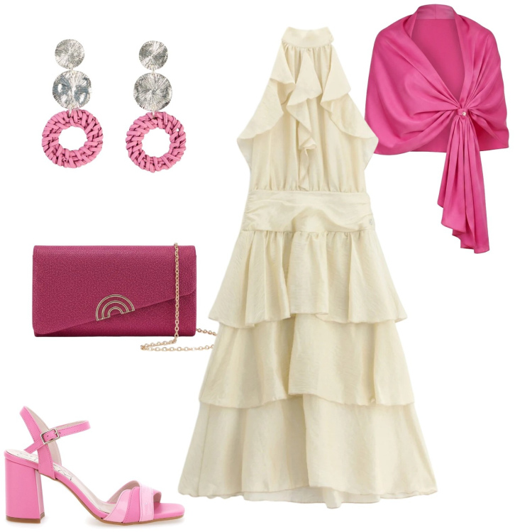 Outfit donna - Romantica cena sul mare. Stile Chic per Serata fuori. Abbinamento con orecchini, vestiti midi/longuette, stole, pochette, sandali col tacco.