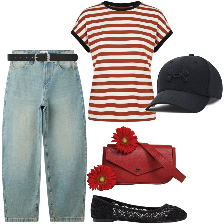 Outfit donna - Ballerine cool estive. Stile Basic per Tutti i giorni. Abbinamento con ballerine, jeans, cinture, borse a tracolla, top, cappelli con visiera.