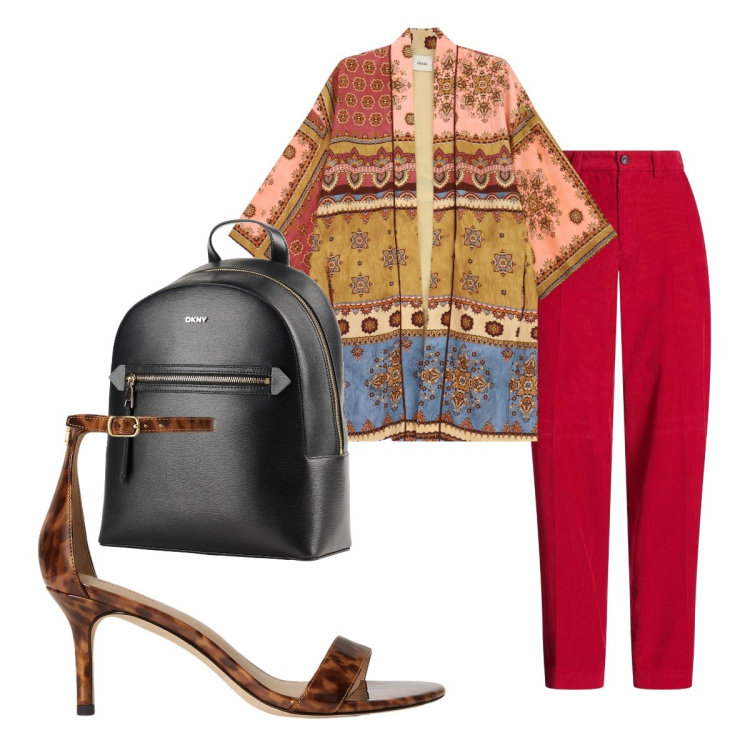 Outfit donna - Di giorno. Stile Glamour per Tutti i giorni. Abbinamento con pantaloni, zaini, kimono, sandali in pelle.