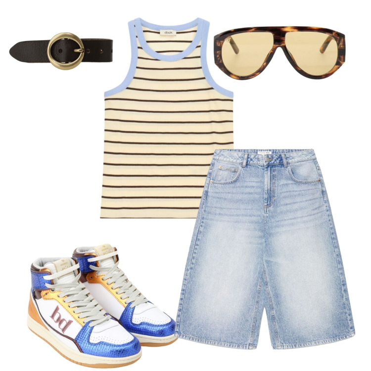 Outfit donna - Baddie. Stile Trendy per Tutti i giorni. Abbinamento con pantaloni corti, sneakers alte, occhiali da sole, braccialetti, canottiere.