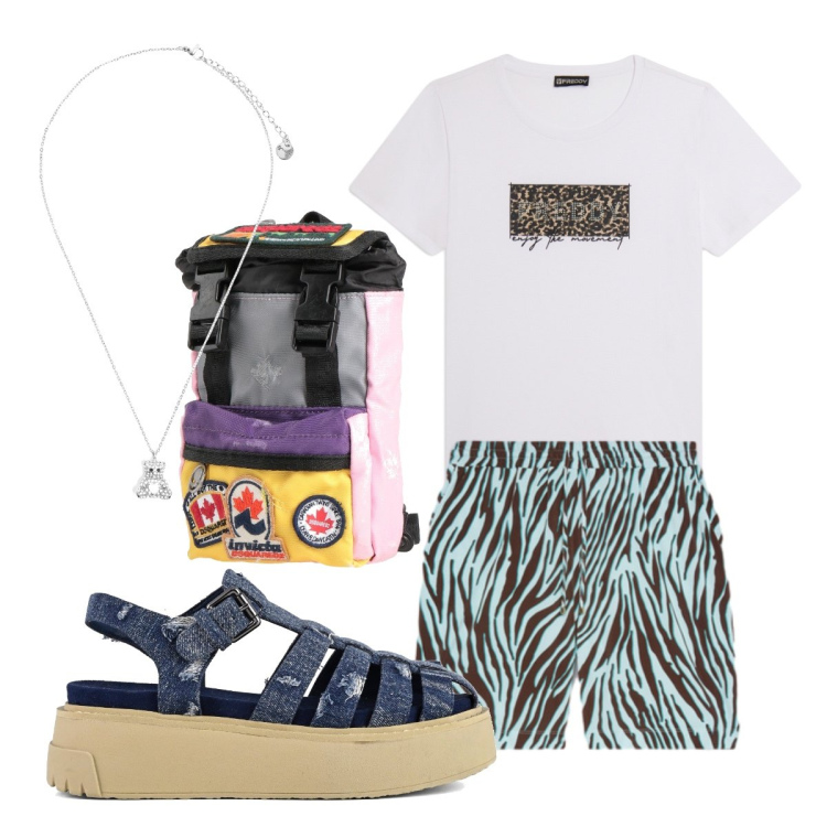 Outfit donna - Sporty. Stile Sporty chic per Tutti i giorni. Abbinamento con zaini, shorts, ciondoli, t-shirt, sandali.