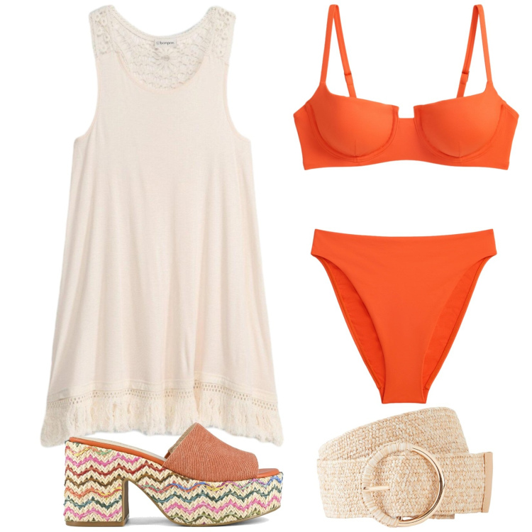 Outfit donna - Costume arancione. Stile 70s per Mare. Abbinamento con cinture, vestiti da spiaggia, bikini, bikini, sandali col tacco.