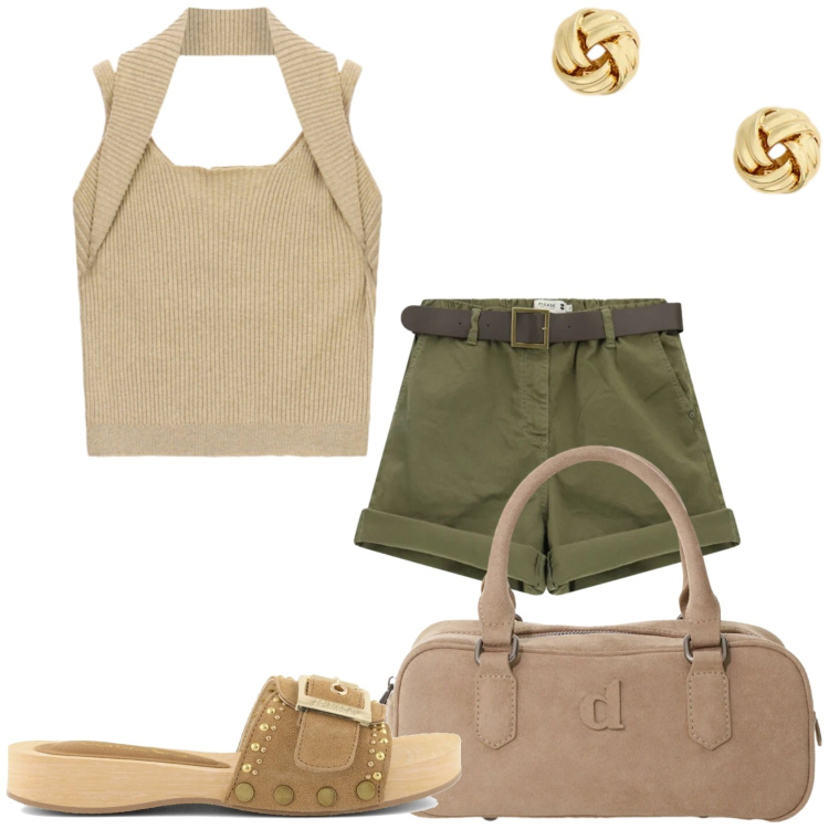 Outfit donna - Fa sempre più caldo. Stile Casual chic per Tutti i giorni. Abbinamento con shorts, borse a mano, top, orecchini, ciabatte.