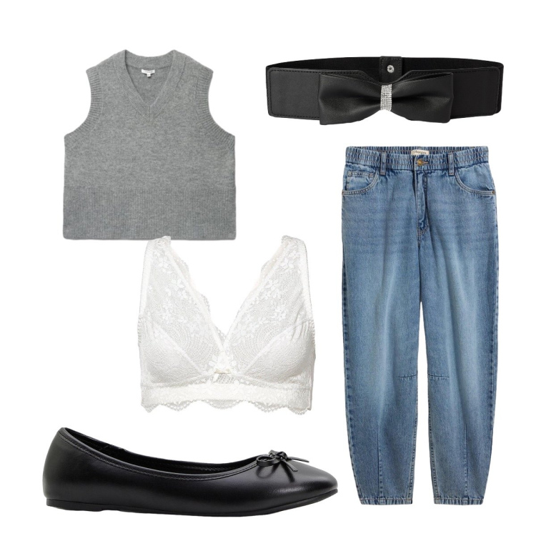 Outfit donna - Agosto. Stile Basic per Ufficio. Abbinamento con ballerine, jeans, bralette, cinture, maglieria.