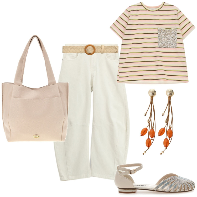 Outfit donna - Dixie. Stile Casual per Ufficio. Abbinamento con cinture, pantaloni, orecchini, t-shirt, sandali, borse a spalla.