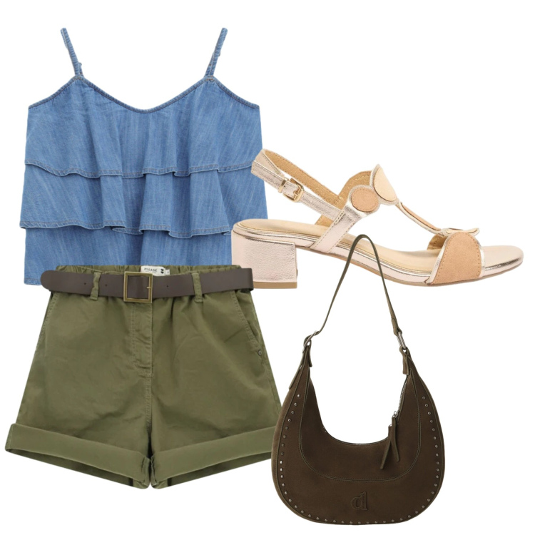 Outfit donna - Sera estiva. Stile Casual per Serata fuori. Abbinamento con sandali col tacco, borse a spalla, top, shorts.