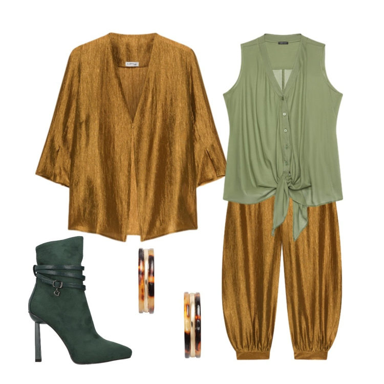 Outfit donna - Completo per la laurea. Stile Casual chic per Cerimonia. Abbinamento con stivaletti, top, pantaloni, blazer, orecchini.