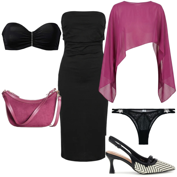 Outfit donna - Serata importante. Stile Chic per Serata fuori. Abbinamento con reggiseni, borse a tracolla, perizomi, top, vestiti midi/longuette, décolleté.
