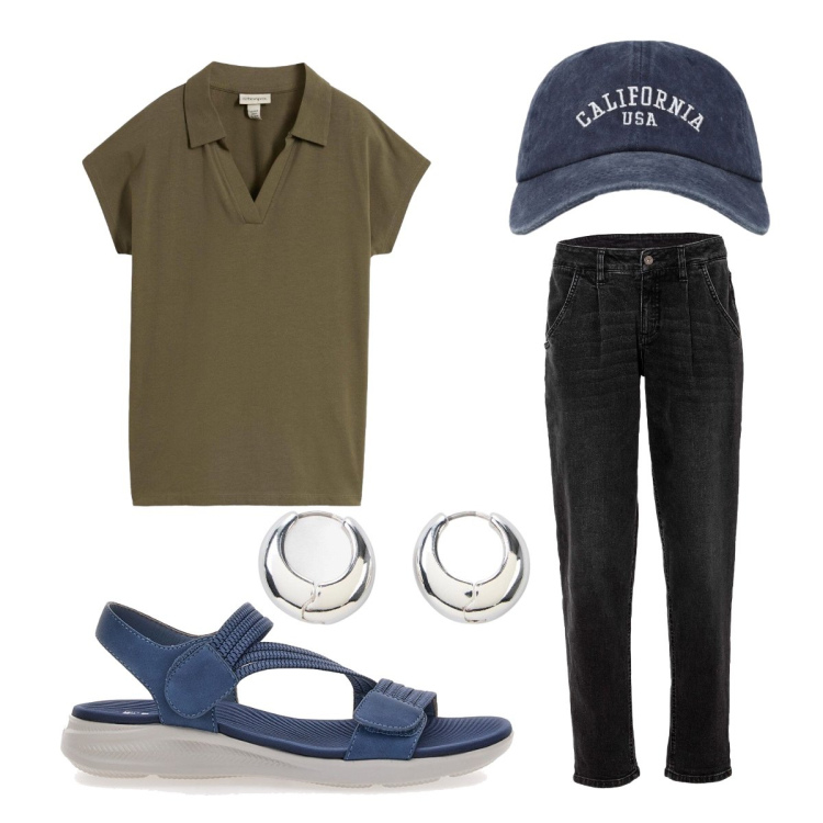 Outfit donna - Agosto. Stile Sporty chic per Tutti i giorni. Abbinamento con jeans, orecchini, polo, cappelli con visiera, sandali.