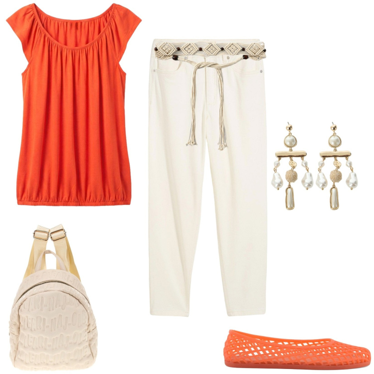 Outfit donna - I giorni più caldi. Stile Basic per Tutti i giorni. Abbinamento con jeans mom, top, cinture, orecchini, ballerine, zaini.