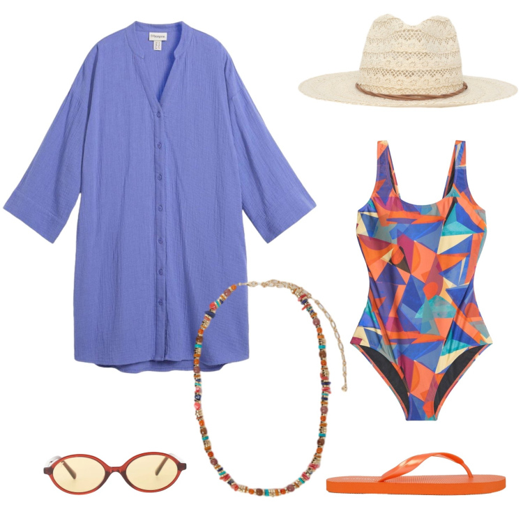 Outfit donna - Tramonto in costiera. per Mare. Abbinamento con vestiti chemisier, costumi interi, cappelli, infradito, occhiali da sole, collane.