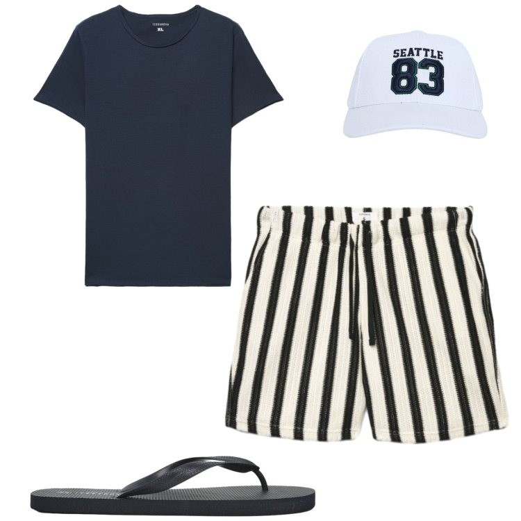 Outfit uomo - Terranova. Stile Casual per Mare. Abbinamento con cappelli con visiera, sandali, pantaloni corti, t-shirt.