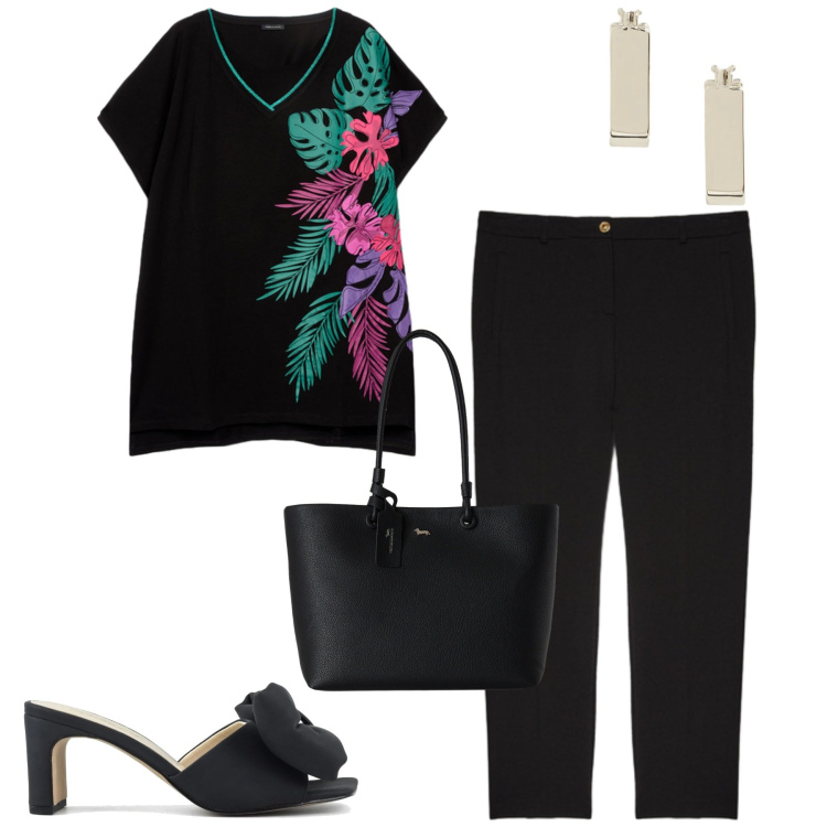 Outfit donna - Fiorella Rubino. Stile Casual chic per Tutti i giorni. Abbinamento con shopping bag, t-shirt, pantaloni, orecchini, sandali col tacco.