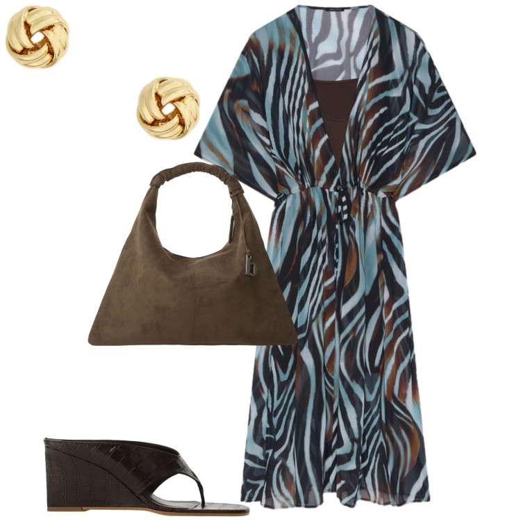 Outfit donna - Il kaftano animalier. Stile Glamour per Tutti i giorni. Abbinamento con borse a spalla, sandali col tacco, caftani, orecchini.