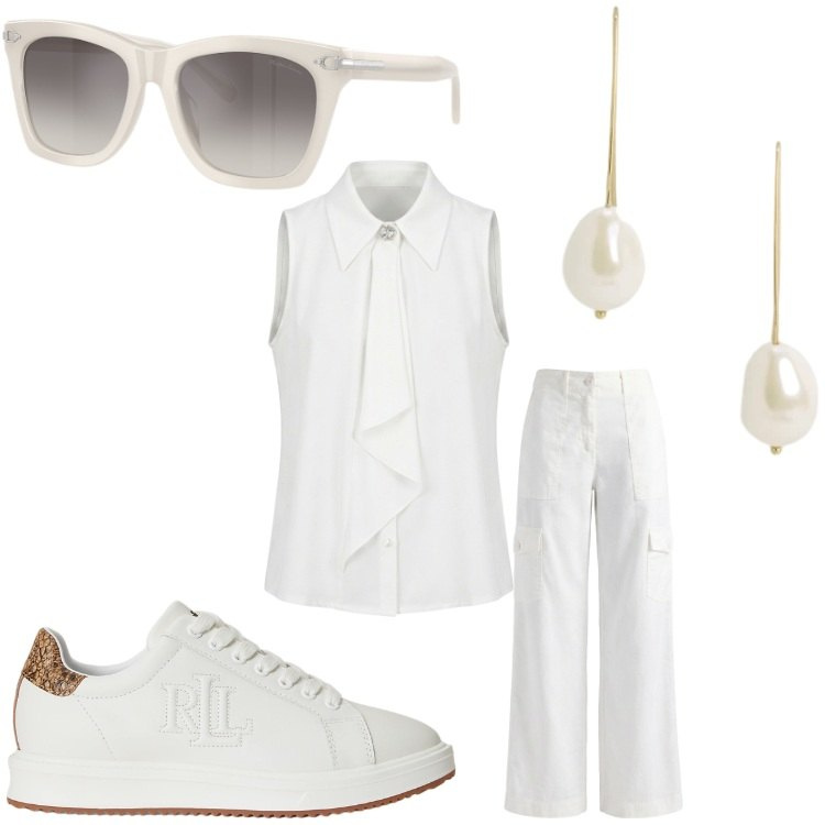 Outfit donna - Torino. Stile Sporty chic per Tutti i giorni. Abbinamento con pantaloni cargo, top, occhiali da sole, sneakers, orecchini.
