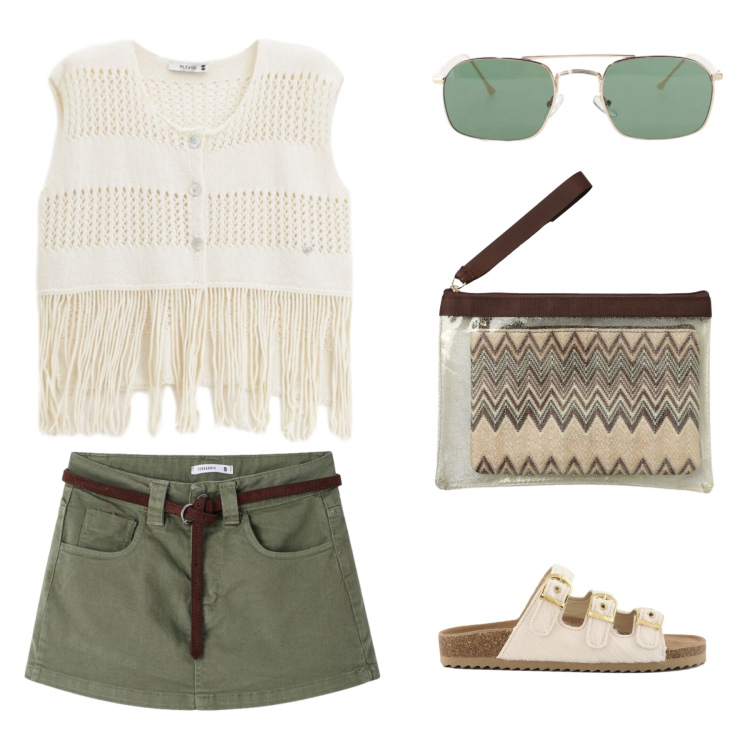 Outfit donna - Ferragosto passe-partout. Stile Boho per Tutti i giorni. Abbinamento con minigonne, pochette, top, occhiali da sole, sandali in pelle.