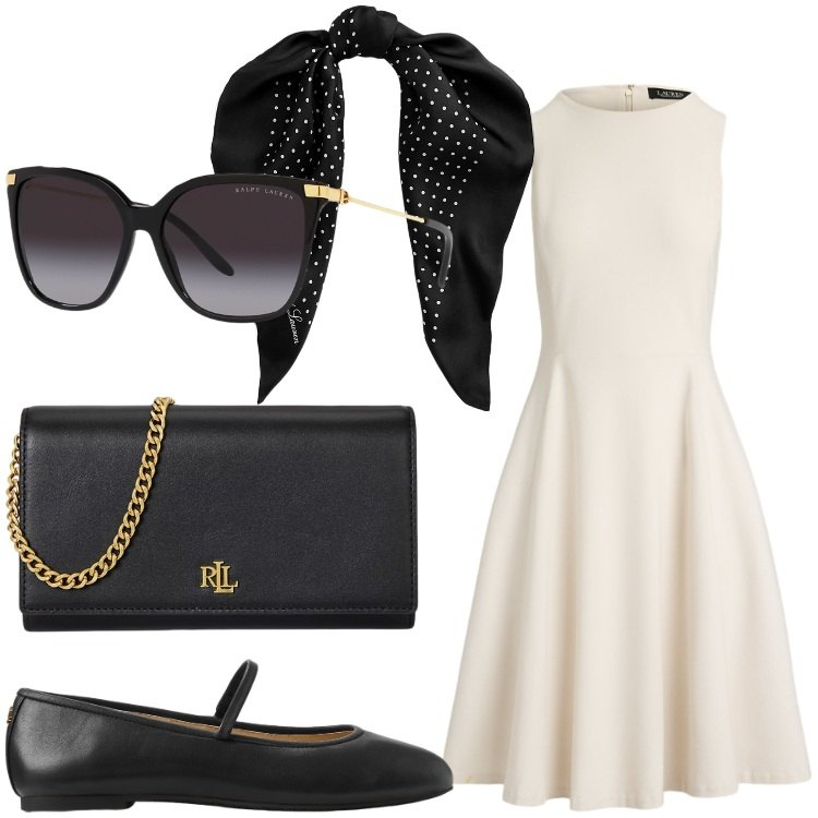 Outfit donna - Roma. Stile Bon Ton per Serata fuori. Abbinamento con occhiali da sole, foulard, ballerine, borse a tracolla, vestiti midi/longuette.