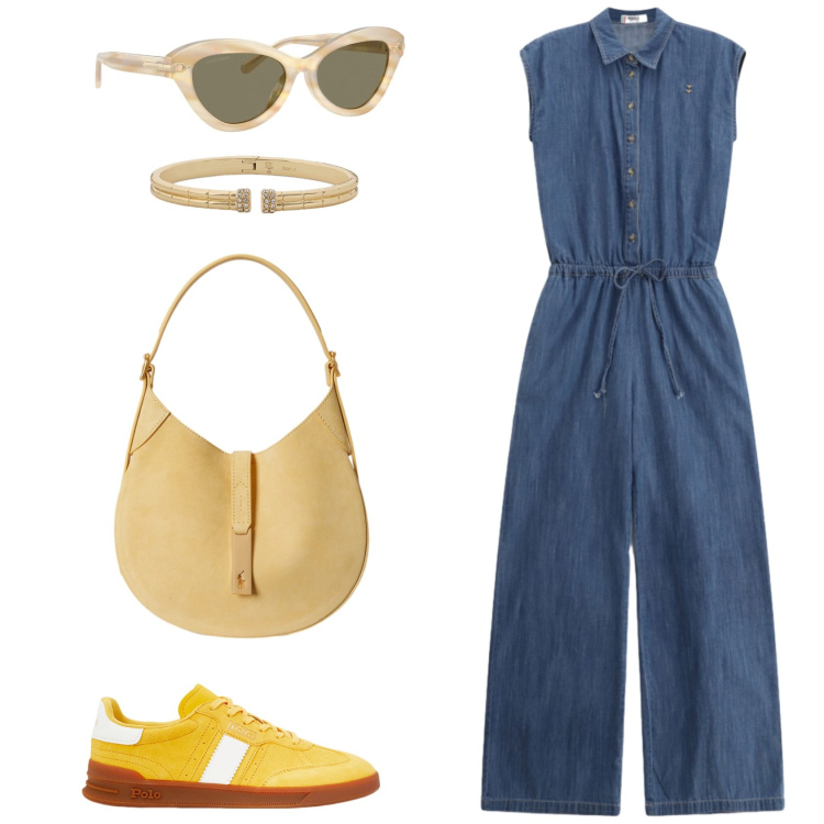 Outfit donna - Eclissi di sole. Stile Casual per Tutti i giorni. Abbinamento con tute, sneakers, occhiali da sole, borse a spalla, braccialetti.