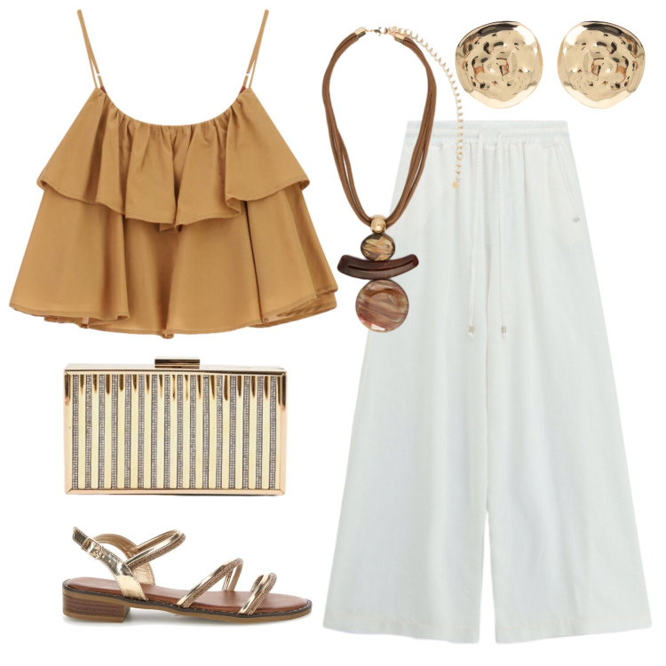 Outfit donna - Chic and glow. Stile Casual chic per Mare. Abbinamento con pantaloni a palazzo, top, orecchini, clutch, ciondoli, sandali col tacco.